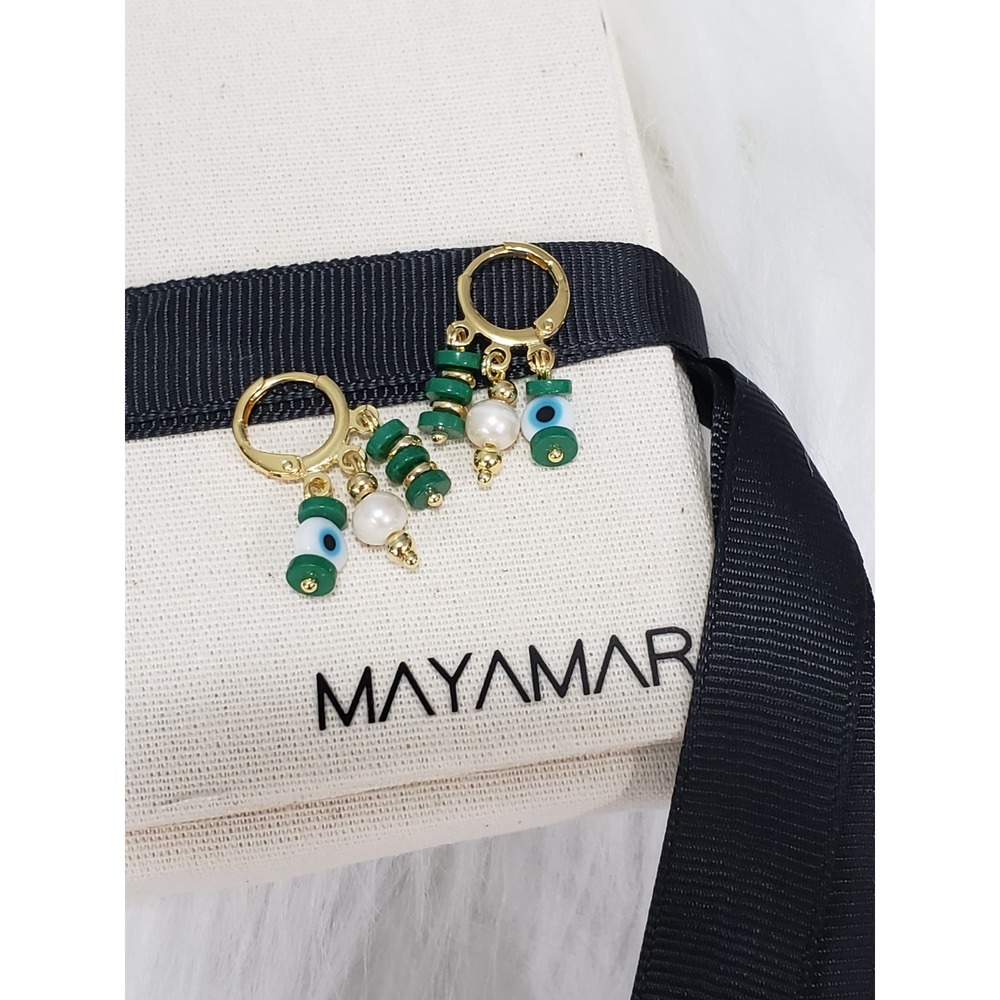 NEW MAYAMAR Gold Plate Evil Eye Beaded Charm Huggie Earrings boho festival green